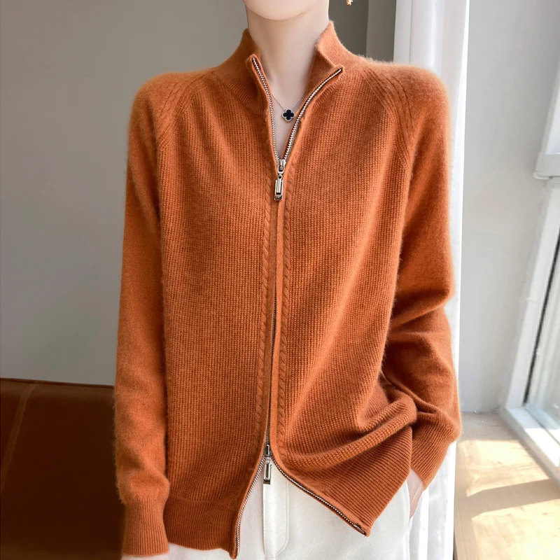 Women's Coat 100% Pure Wool Women's Zipper Knitted Cardigan Spring Autumn Long Sleeved Sweater Casual Stand up collar Shirt Tops