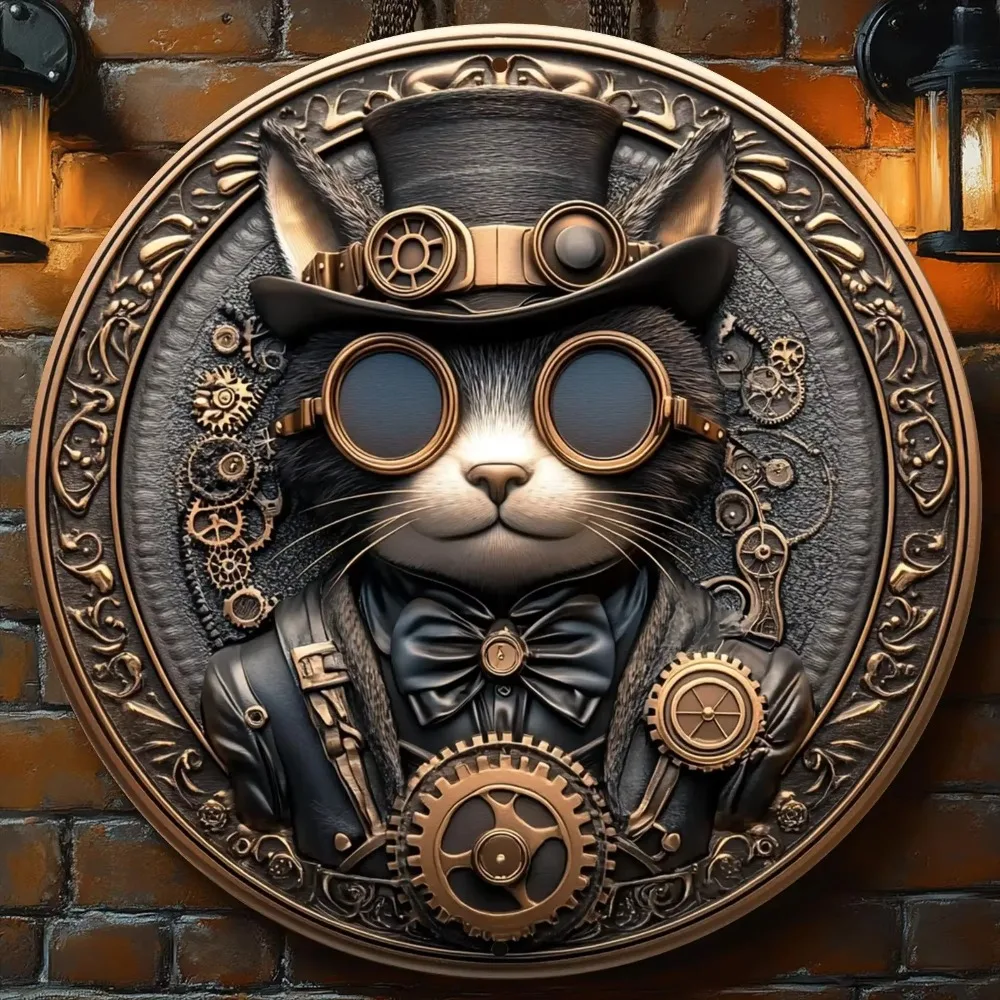 Plaque murale en métal rétro steampunk chat 2D haute définition pour la décoration de la maison ou du bar