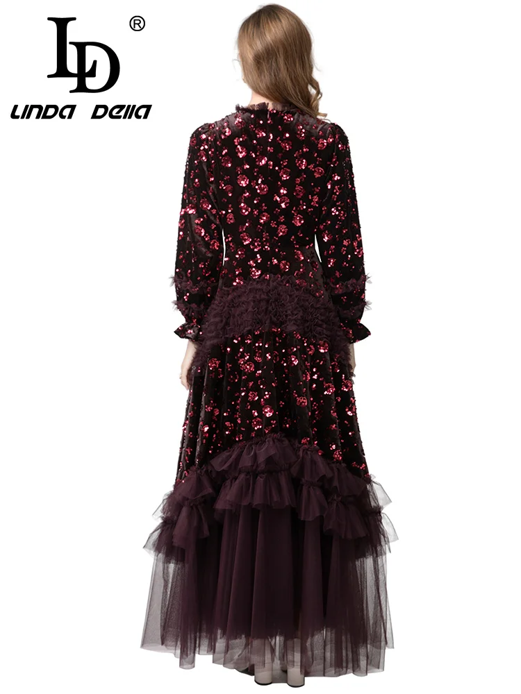 LD LINDA DELL شبكة شفافة مستديرة الرقبة طويلة الأكمام فستان مأدبة مثير المخملية النسيج زهرة الربط فساتين راقية