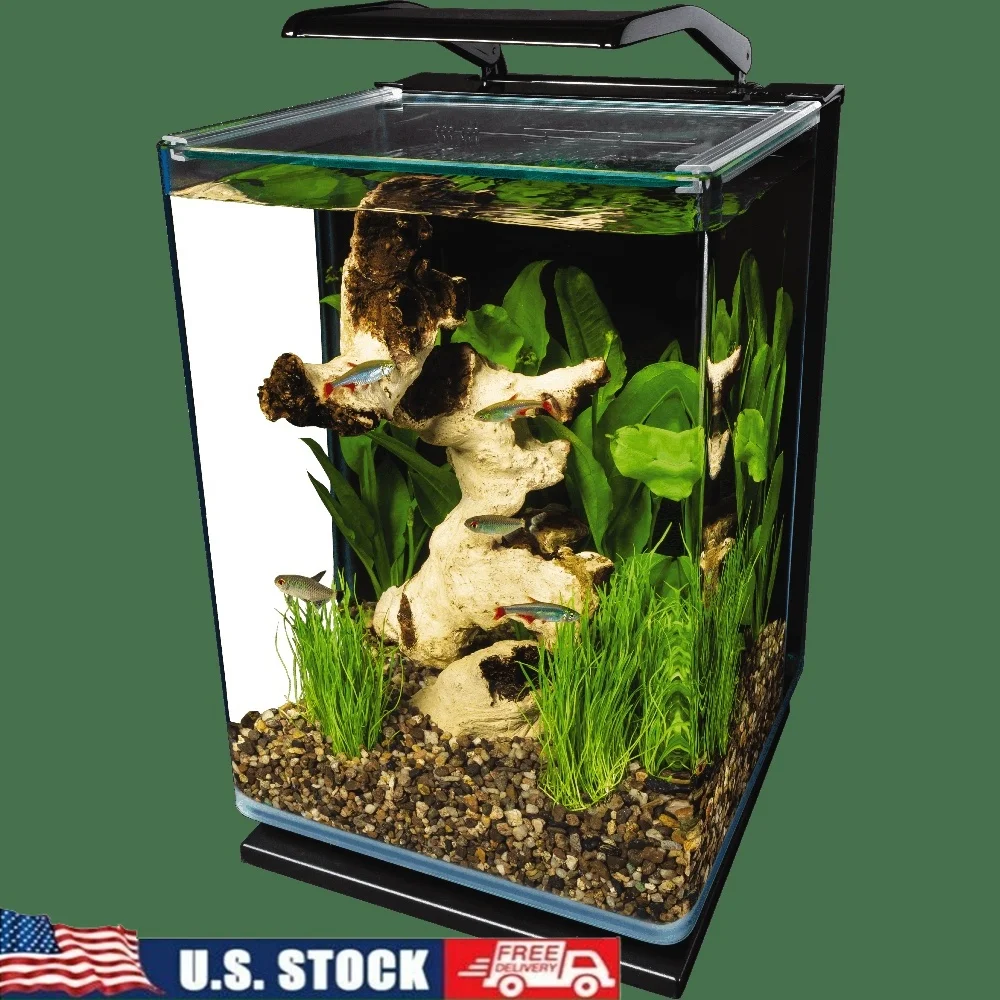 

5 Gallon LED Aquarium Kit Hidden Filtration Rounded Corners Clear Glass Canopy Daylight Moonlight Lighting System Fish