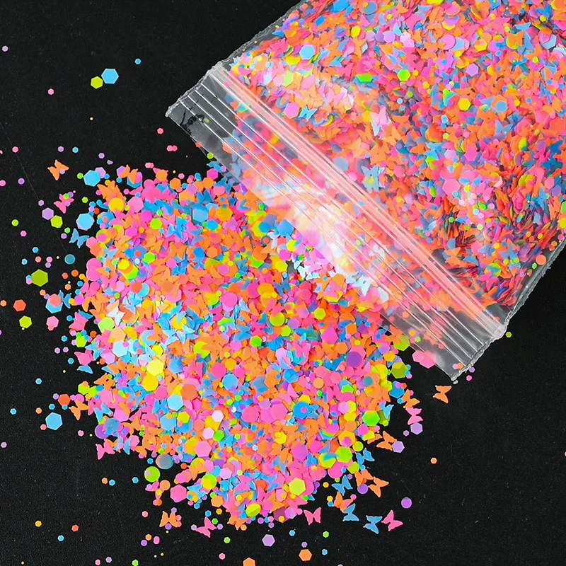 50g Neon Buttefly/Round Dot /Heart/Hexagon Glitter Sequins Mixed-Color Halloween Butterfly Sequins DIY Fluorescent Sequins &*&