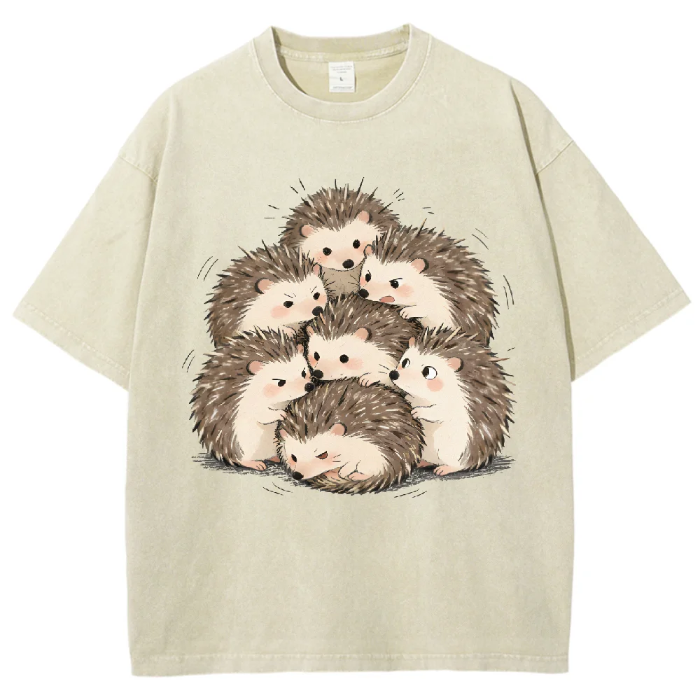 

Washed Fabric Hedgehog Cluster Print Oversized T Shirt Unisex Casual Vintage Graphic Tee for Animal Lovers Summer Streetwear