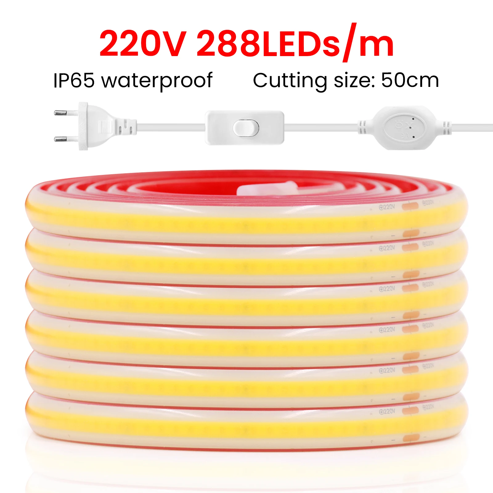 LED Strip 220V Adhesive High Brightness 288LEDs/m COB Strip Light IP65 Waterproof Flexible LED Tape for Outdoor Garden Lighting