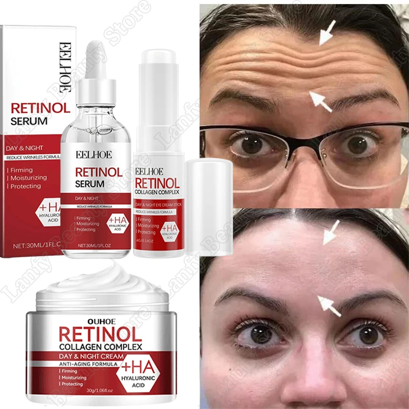 Retinol Wrinkle Remover Face Set Instant Firming Lifting Anti-Aging Serum Fade Fine Lines Whitening Korean Skin Care Products