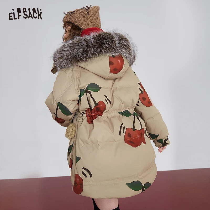 ELFSACK Graphic Cherry Korean Fashion Down Coats Women 2023 Winter New Designer Outwears