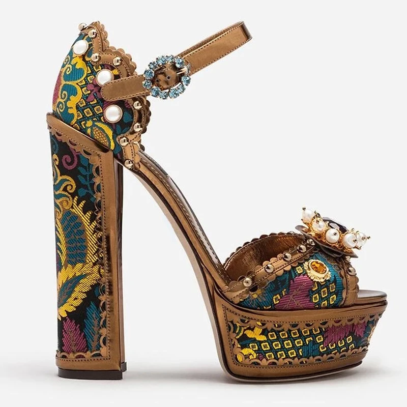 Brown Floral Satin Diamond Flower Pearl Chunky Heels Sandals Folk Embroidery Platform Summer Peep Toe Party Heels Shoes