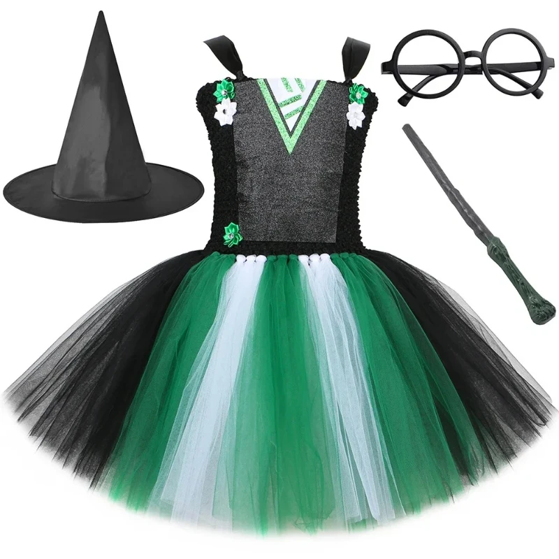 Witch Halloween Costumes for Girls Kids Long Fancy Tutu Dress with Hat Broom Children Carnival Party Disguised Outfit Ball Gown