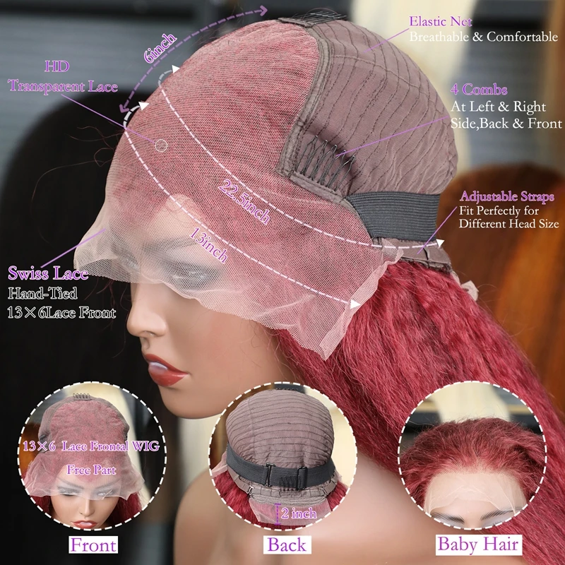 99J بورجوندي غريب مستقيم 13x6 الدانتيل الباروكة الأمامية 99J بورجوندي 13x4 الدانتيل أمامي خصلات الشعر المستعار الإنسان للنساء النبيذ الأحمر شعر ريمي