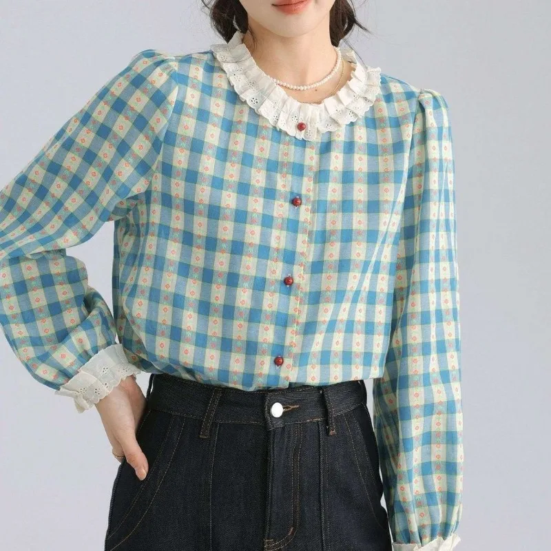 Vintage Blau Plaid Laterne Hülse Shirts Frauen 2025, Herbst Gespleißt Spitze Rundhals Button Up Tops Mode Süße Bluse