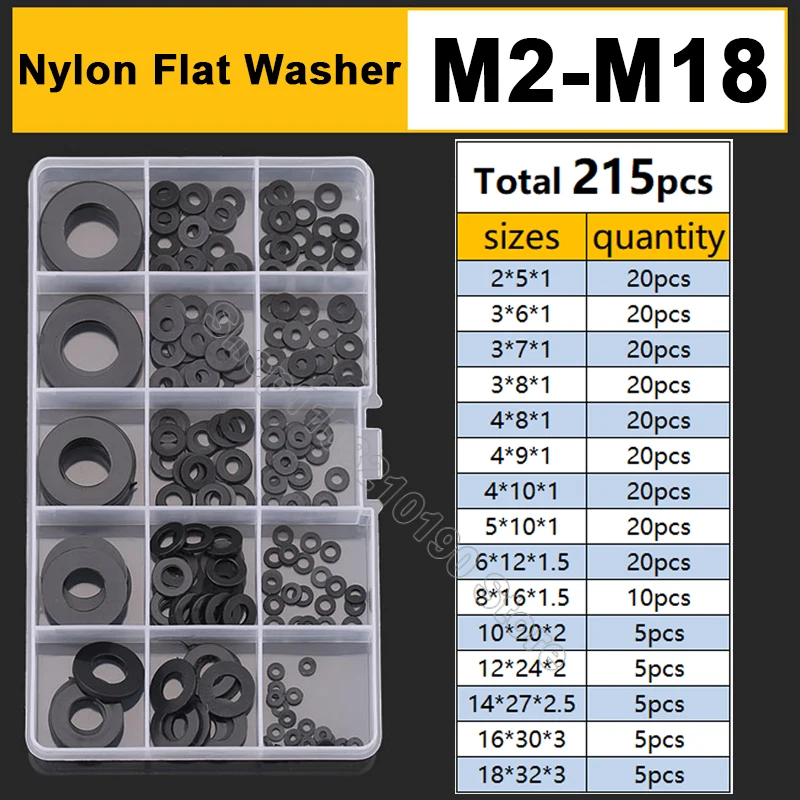 

215/110Pc M2-M18 Nylon Flat Washer Assortment Kit Plastic Insulation Spacer Seals Black Set Gasket Ring Repair Faucet Water Hose