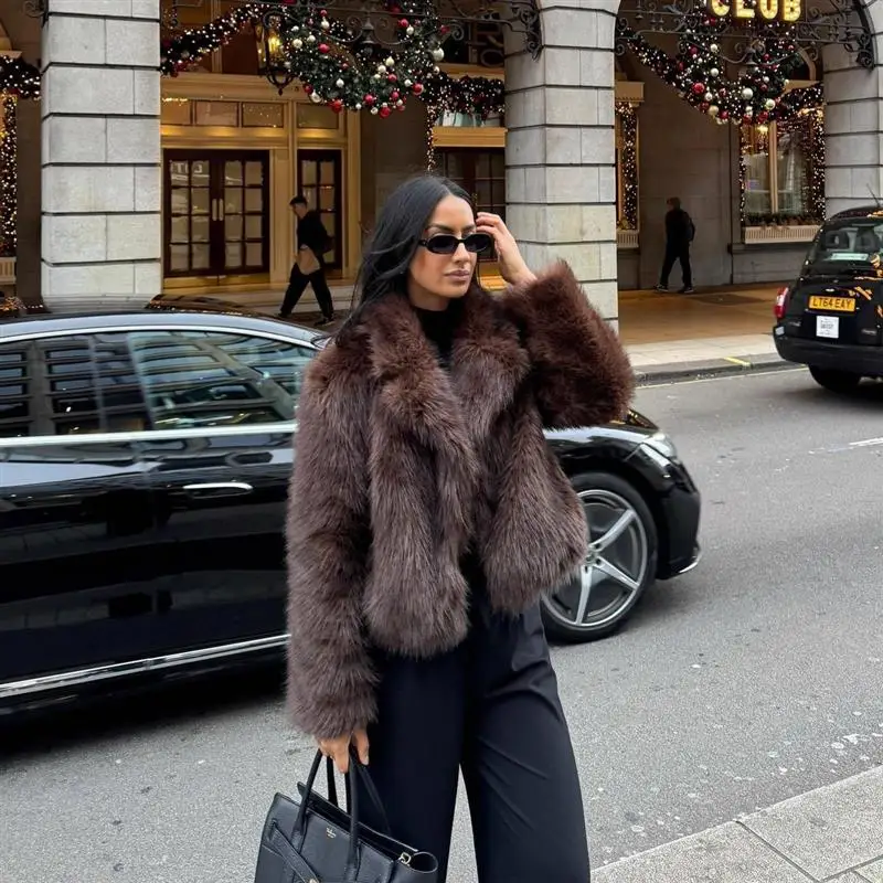 Ele Brown Sztuczne Futro Jaet Street Sle Faionable Odzież Wierzchnia Damska Ekologiczny Luksusowy Płaszcz dla Kobiet w Średnim Wieku...