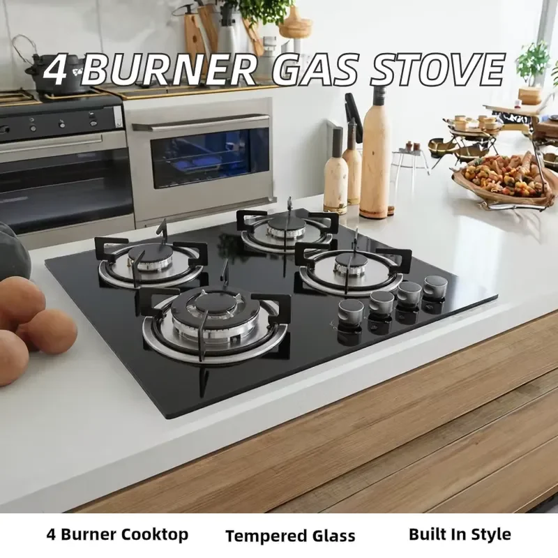 4 Burner LPG Gas Stove Recessed Glass Panel Electronic Ignition Commercial Kitchen Appliance Flame Failure Device Energy
