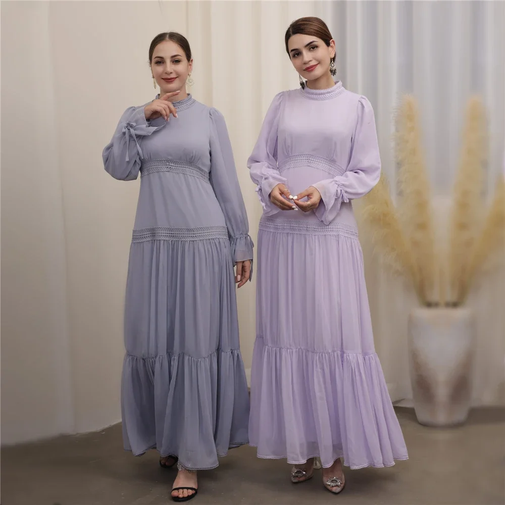 Ramadan Muslim Women Lace Maxi Dress Pleated Abaya Dubai Turkey Kaftan Islamic Clothing Arabic Robe Party Gown Modest Caftan Eid