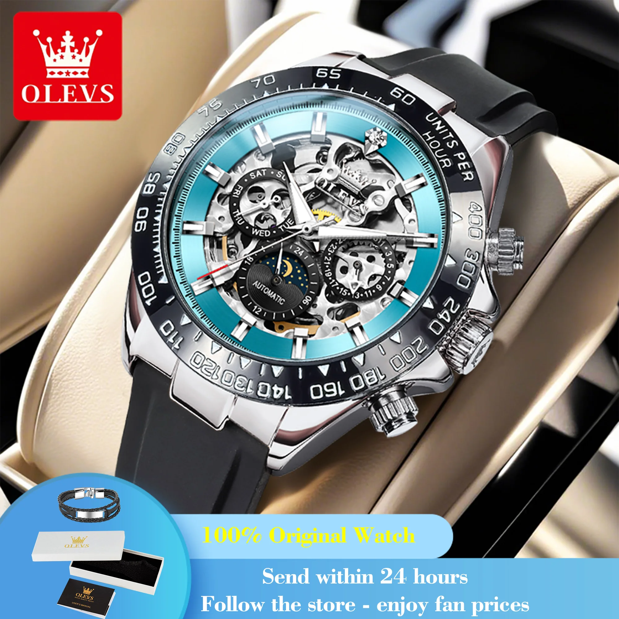 

OLEVS 6713 Date Man Watches Fashion Hollow Mechanical Watch For Men Moon Phase Luxury Automatic Wristwatch Waterproof Luminous