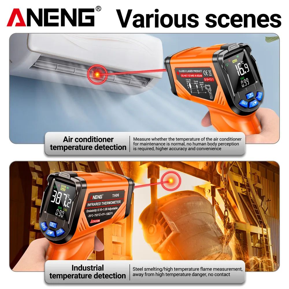 ANENG TH06 cyfrowy czujnik temperatury na podczerwień pistolet 0.1-1.00 regulowany VA termometr z odwróconym ekranem narzędzie do wykrywania