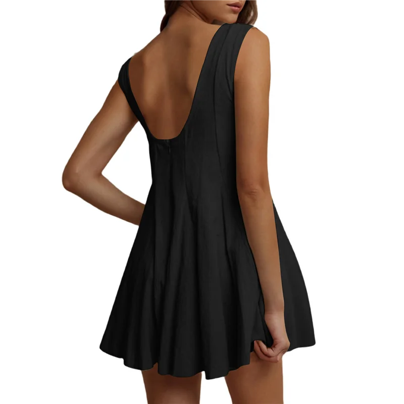 

A09P комбинезоны для женщин 2025, хлопковые и льняные комбинезоны с круглым вырезом без рукавов и открытой спиной с карманами, струящиеся летние шорты, комбинезоны