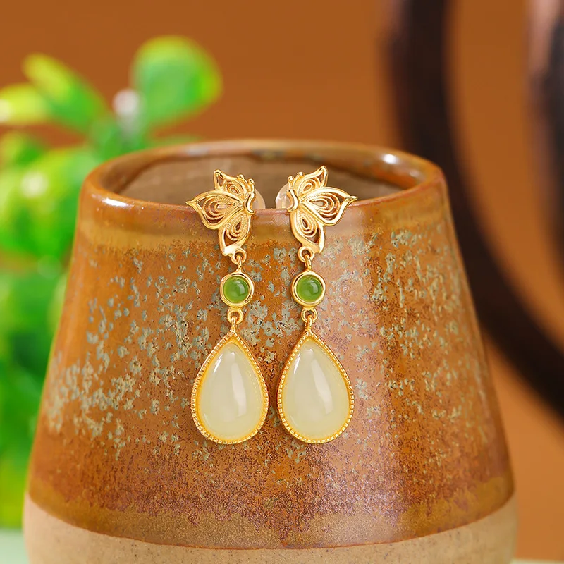 

S925 Sterling Silver Gold-Plated Hetian Jade Jasper Filigree Hollow Drop Earrings Studs