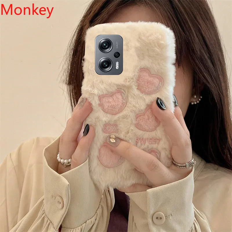 Korean Cute Love Heart Plush Warm Fluffy Phone Case For Xiaomi 12T 11T Redmi Note 12 11 10 9 S 11S 10S 9S 9T 10A 10C 9A 9C Cover