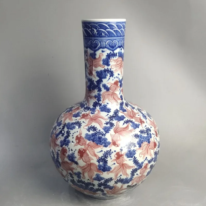 Jingdezhen ceramic antique vase blue and white underglaze red fish music pure hand-painted fine porcelain porcelain formulated c