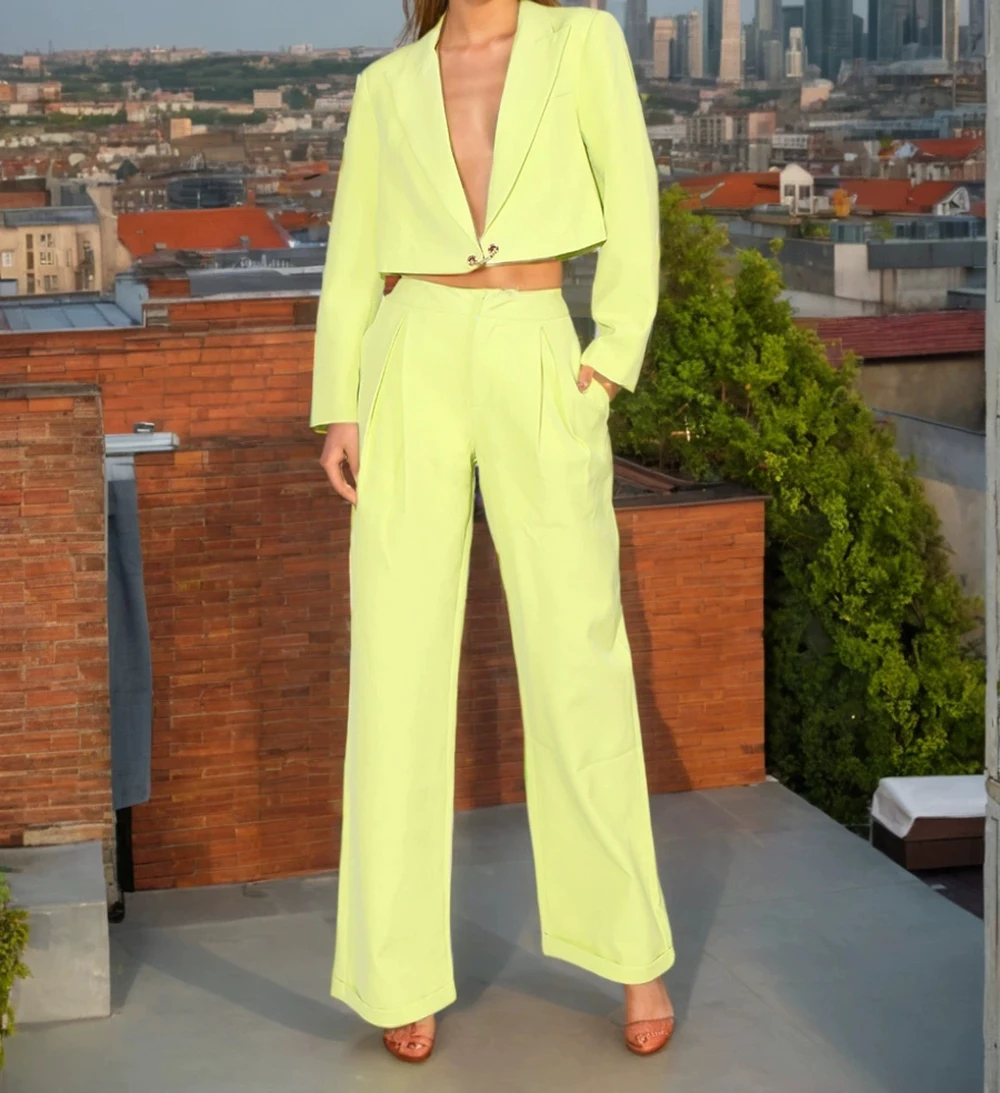 

2025 Autumn New V-neck Cardigan Short Suit + High-waist Straight Trousers Two-piece Set-GZXX913