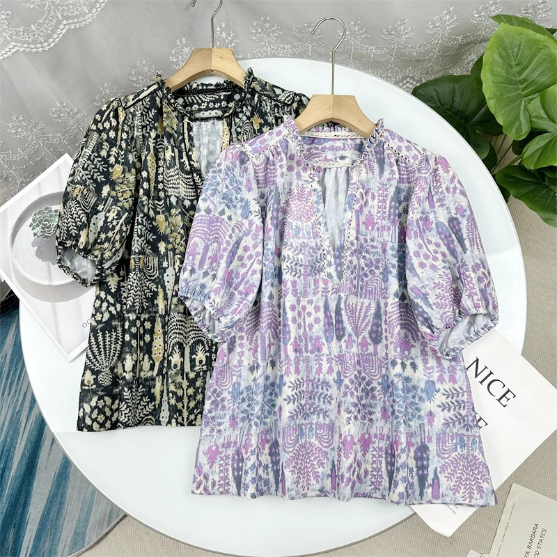 

Casual Bohemian Style Monet Garden Print Shirt Women's V-neck Bubble Sleeve Top Romantic Dreamy Commute Loose Fit Cotton