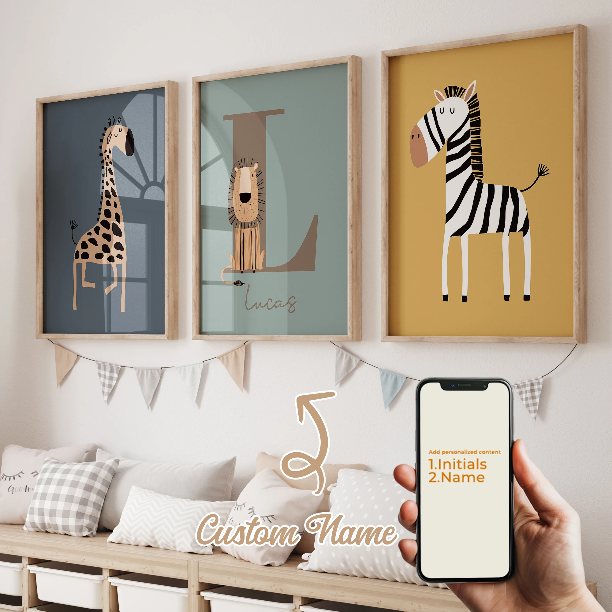 3-teiliges personalisiertes Wandbild mit individuellem Namen, Cartoon-Tiermotiven, Kunstdruck auf Leinwand, Poster, Gemälde für Wohnzimmer, Heimdekoration