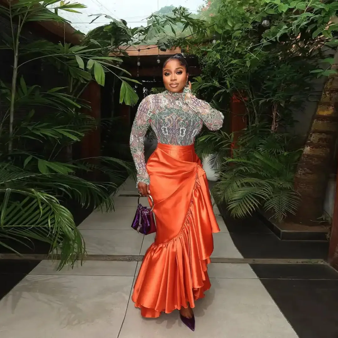 تنورة امرأة أنيقة بسحاب عالي الخصر بطول الأرض تنورة طويلة حورية البحر مع تنورة برتقالية ثنيات طراز جديد للسيدات