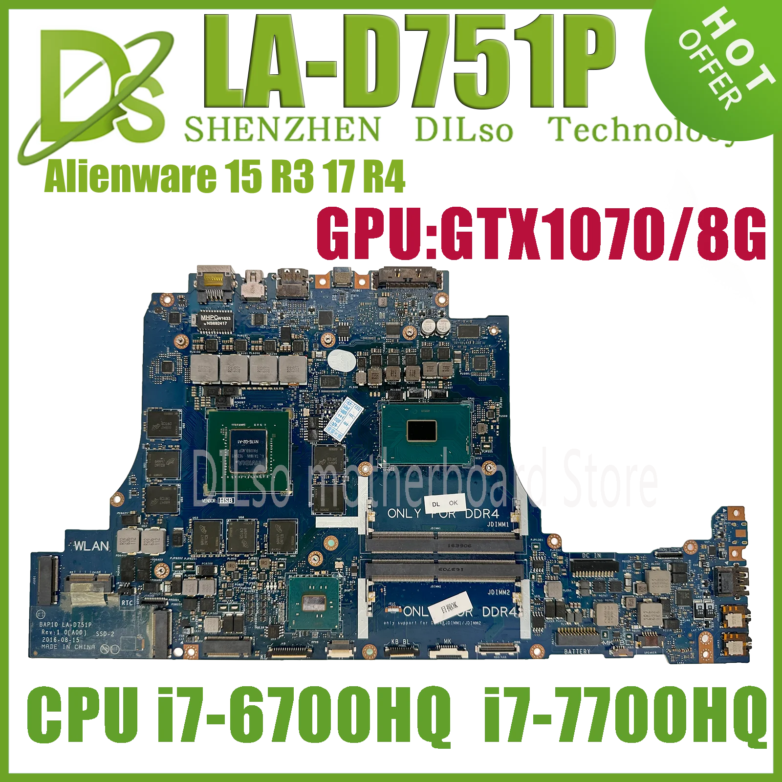 

KEFU LA-D751P Laptop Motherboard For Dell Alienware 17 R4 M15 R3 Mainboard With i7-6700HQ I7-7700HQ CPU+ GTX1070-V8G 100% Test