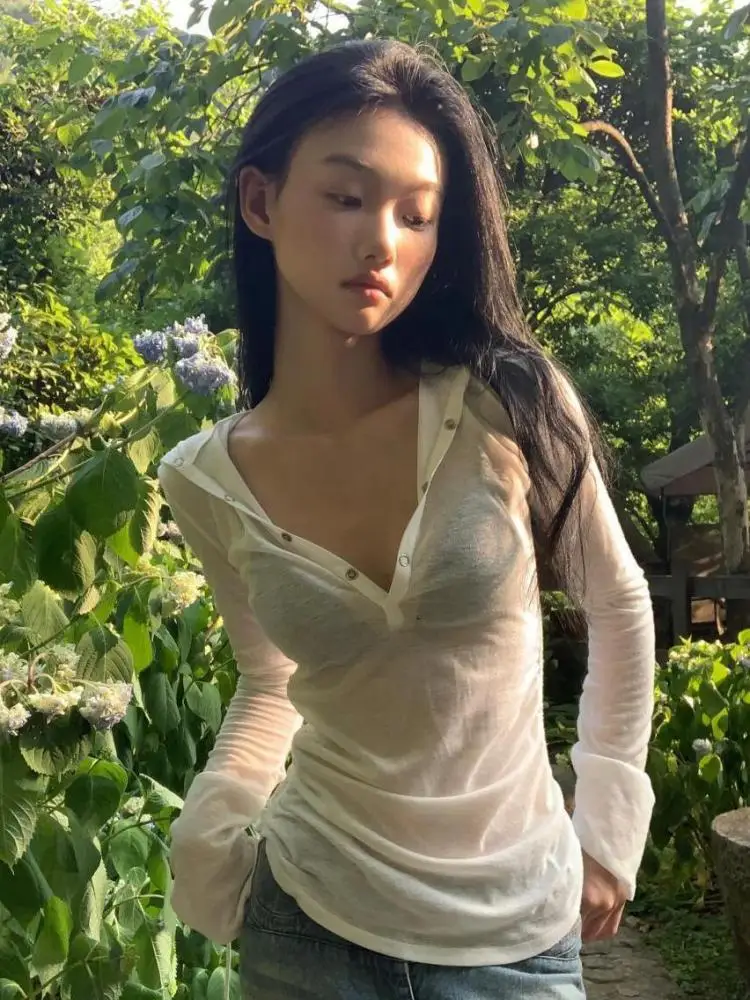 Seeslim Hooded T Shirt Women Clothes Long Sleeve See Through Slim 2000s Clothes Y2k Tees Female Clothing Chic Spring Tops Korean image 3