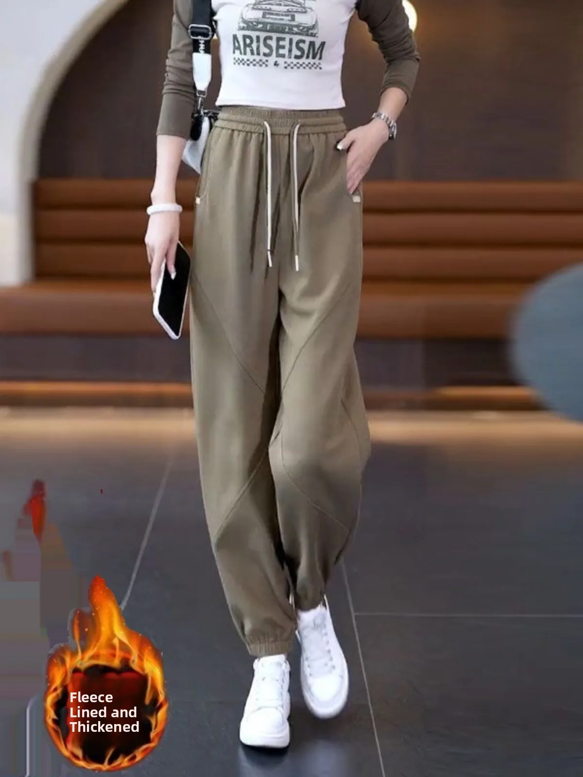 Thickened Fleece Harlan Pants Women's Autumn Winter Straight Leg Cuffed Casual Sports Trousers Natural Waist Long Pants