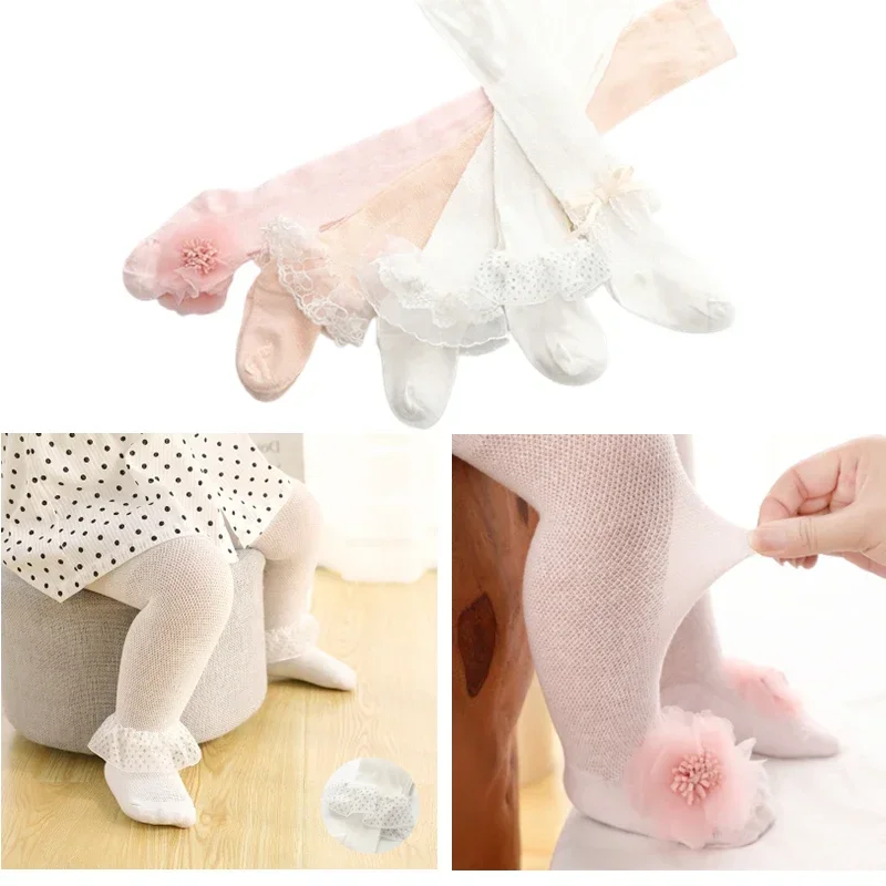 Collants en dentelle et maille pour petite fille, bas mignons avec nœud et fleur pour nouveau-né