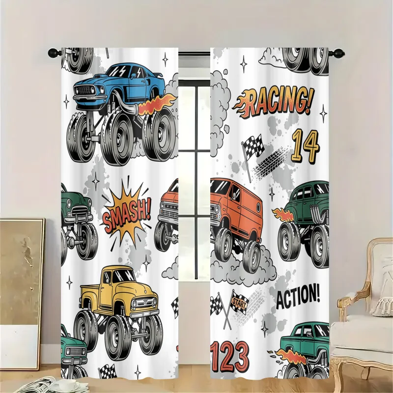 Retro Racing Car Curtain Set Automotive Speed Action Window Curtain Rod Decor Vintage Style Garage Muscle Truck Filtering Sunlig