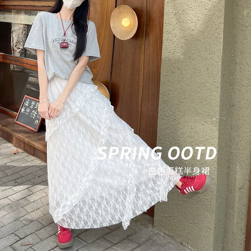 

Винтажная саржевая кружевная юбка, женская летняя осенняя белая эластичная талия, тонкая сетка, длинная юбка трапециевидной формы, юбка-тортик