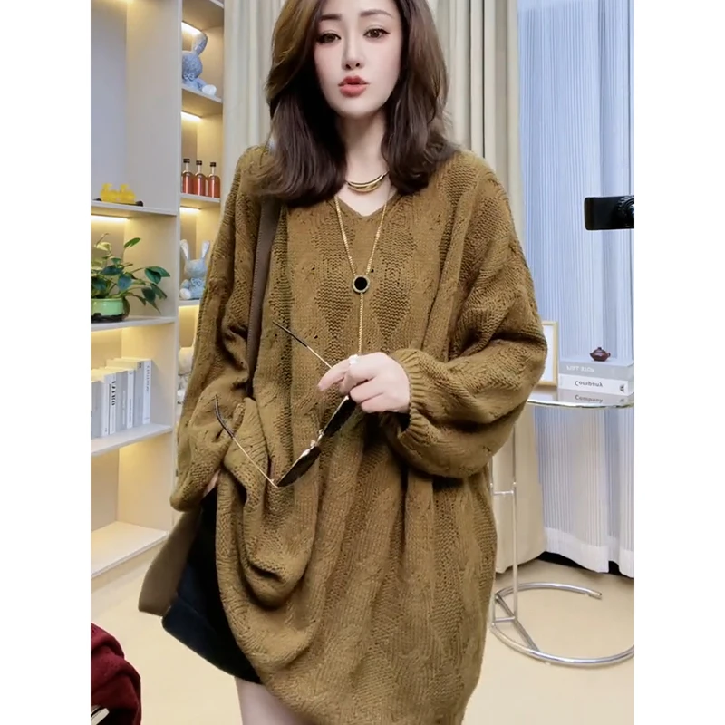 Mid Length Woolen Sweater for Women Spring and Autumn 2024 New Loose V-neck Hollow Knit Korean Casual Women Fashionable Sweater