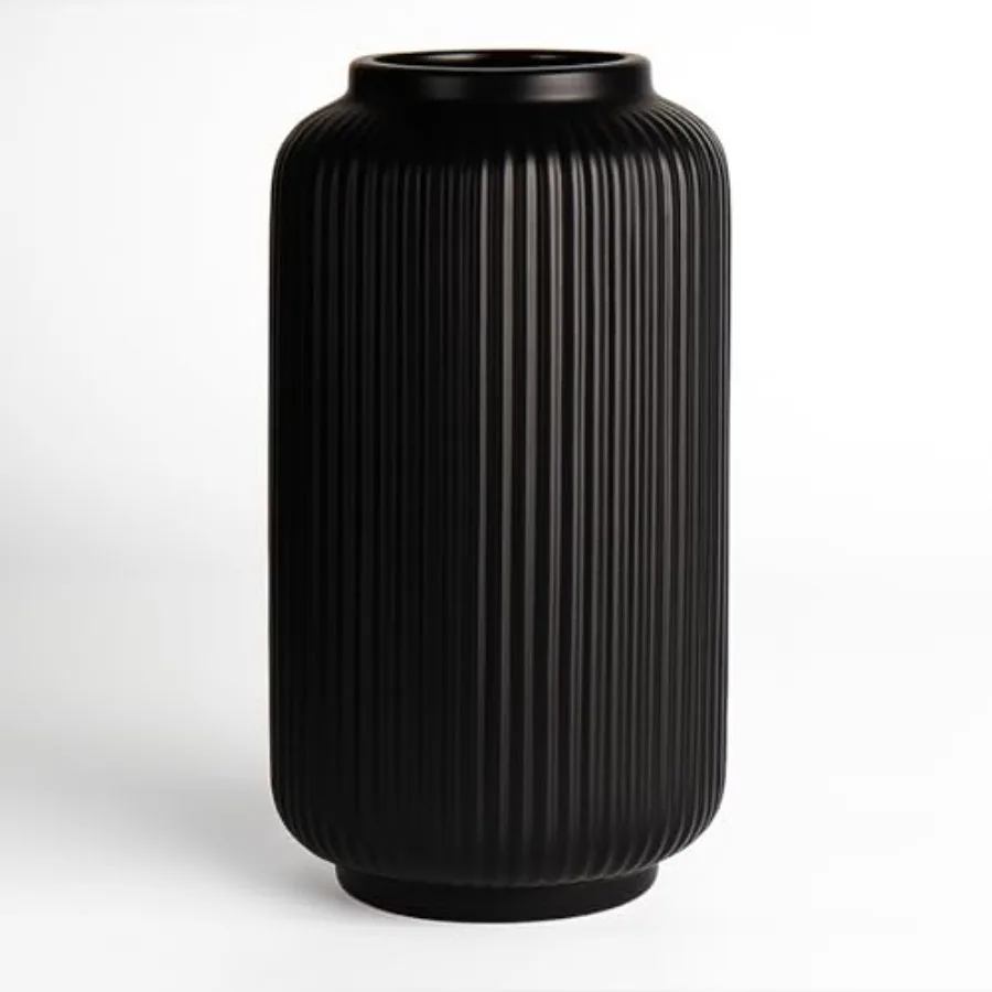Modern Black Ceramic Ribbed Flower Vase 8 Inch