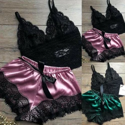 Mulheres Sexy Lace Sleepwear, camisola, lingerie, sem mangas, decote em v, babydoll, conjunto pijama, tops, shorts, pijamas