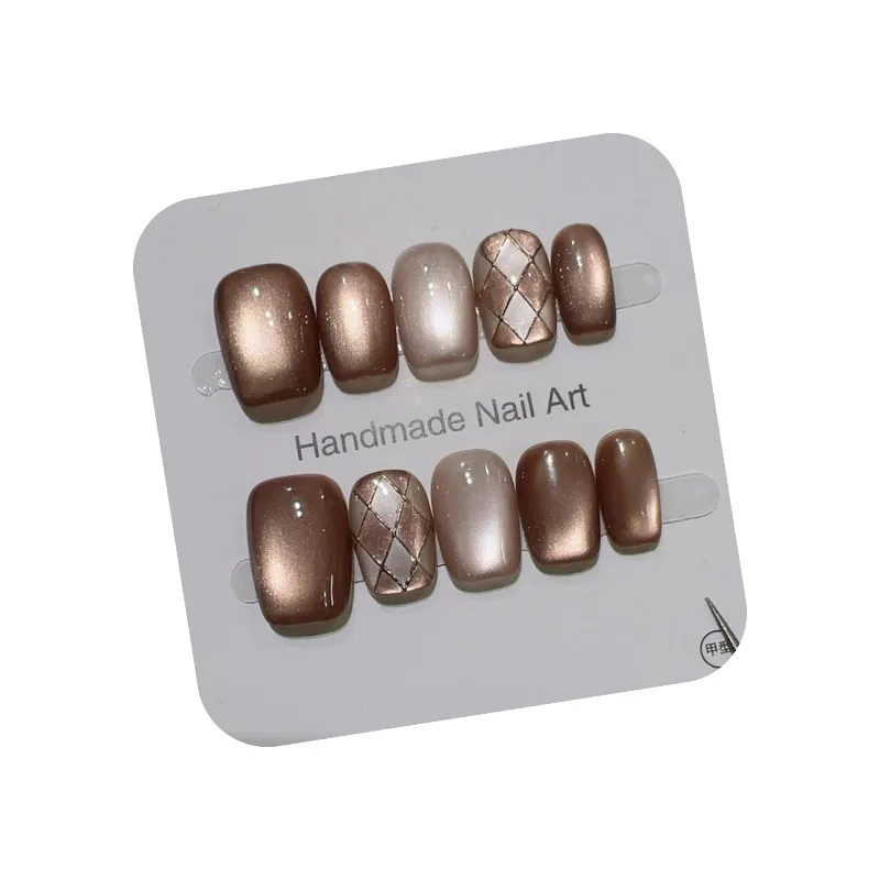10 pçs unhas falsas artesanais para colar outono inverno marrom olho de gato dicas de unhas arte do prego unhas falsas curtas com cola imprensa em unhas