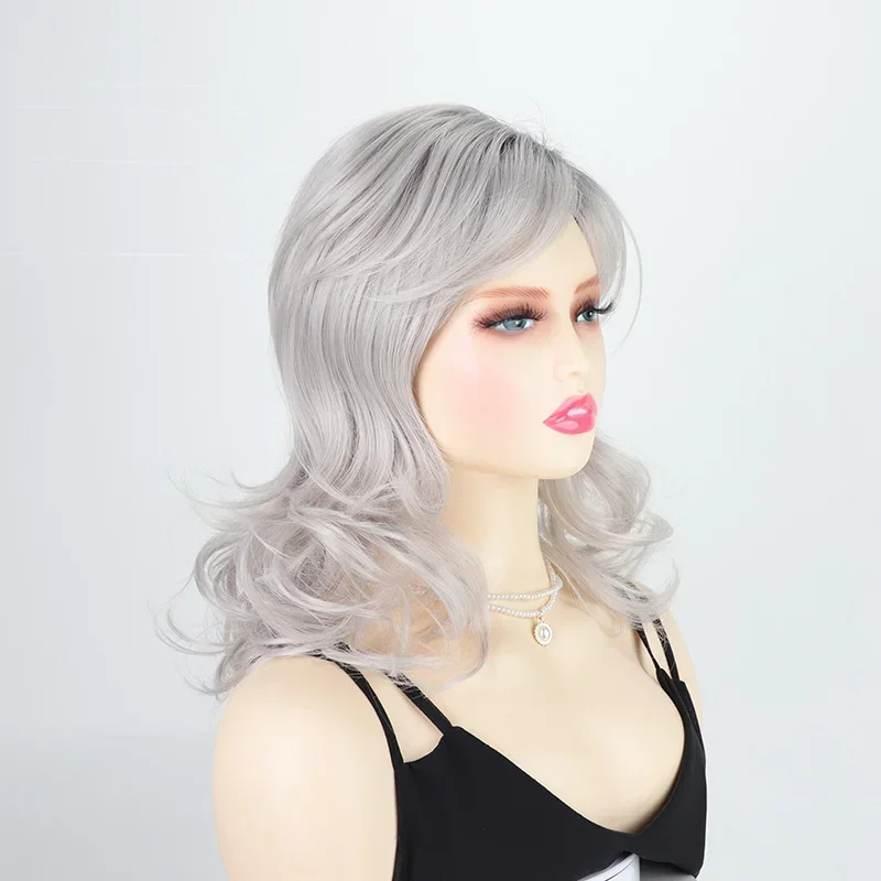 Womens Fashion Long Gray Curly Hair Soft Cute Synthetic Loose Wave Wigs Cosplay Party Wigs for Lady Mommy Hair