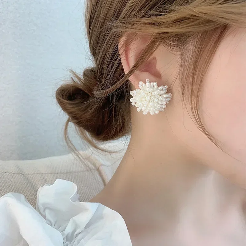 Korea Japan Sweet Imitation Pearl Earrings for Women Gold Color Alloy Firework Big Statement Dangle Earrings Wedding Jewelry