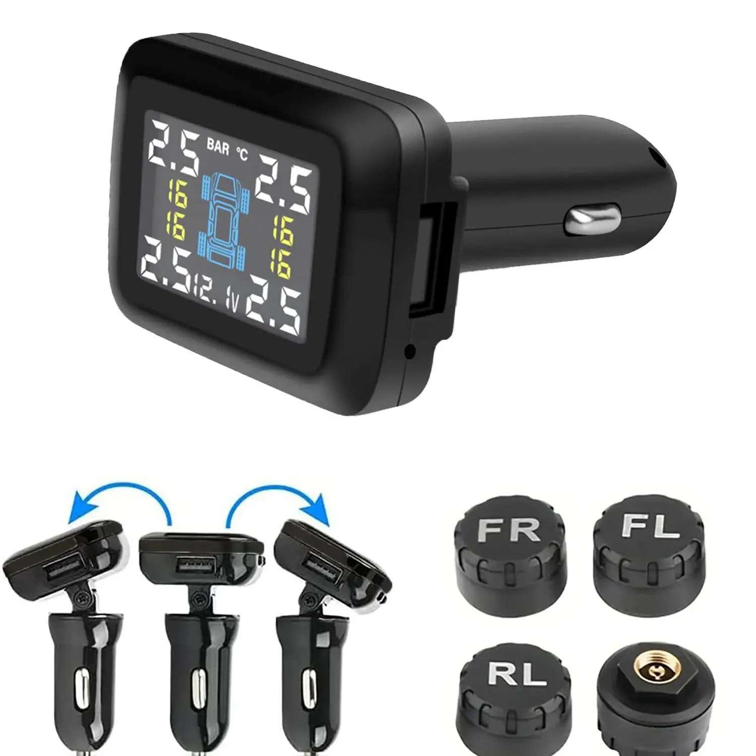 Car TPMS Tire Pressure Monitoring System Car Cigarette Lighter Alarm Tire Pressure Gauge Temperature Warning with 4 Sensors ATV