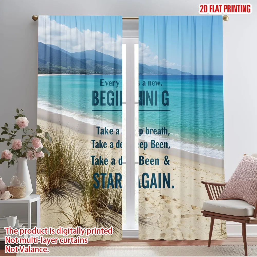 

2pcs 2D flat printing Curtains Ocean Beach Sunrise Reflection 100% Polyester Without Electricity Family Party for Multipurpose