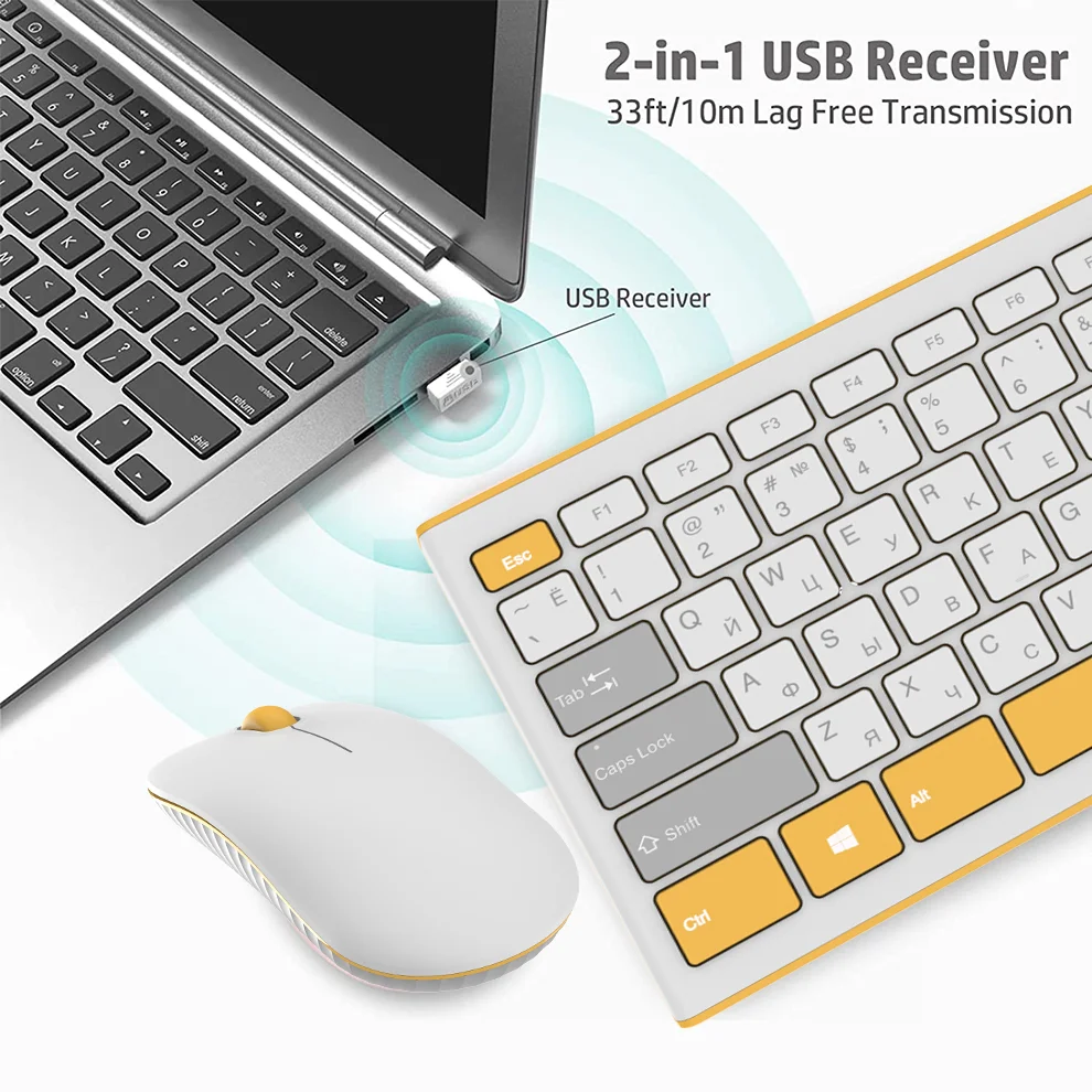 BOW-Conjunto de Teclado e Mouse sem Fio para Computador e Laptop, Tamanho Completo, Russo ou Inglês, Teclado e Mouse, Clique Slient, Escritório