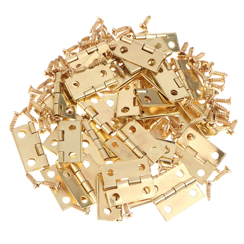 50pcs/box Hinges + 200 Screws Iron Golden/Antique Bronze 4 Holes Durable Furniture Hardware 17.5*15mm Mini Rounded Hinge Decor