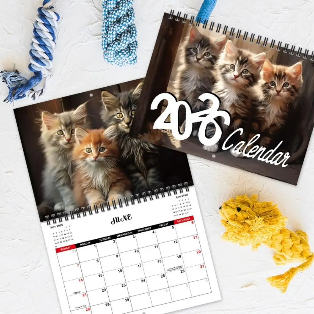 Two Cats Design 2026 Calendar Hanging Loop Durable Construction Kitten Wall Calendar Full-Year Planning Desktop Decoration
