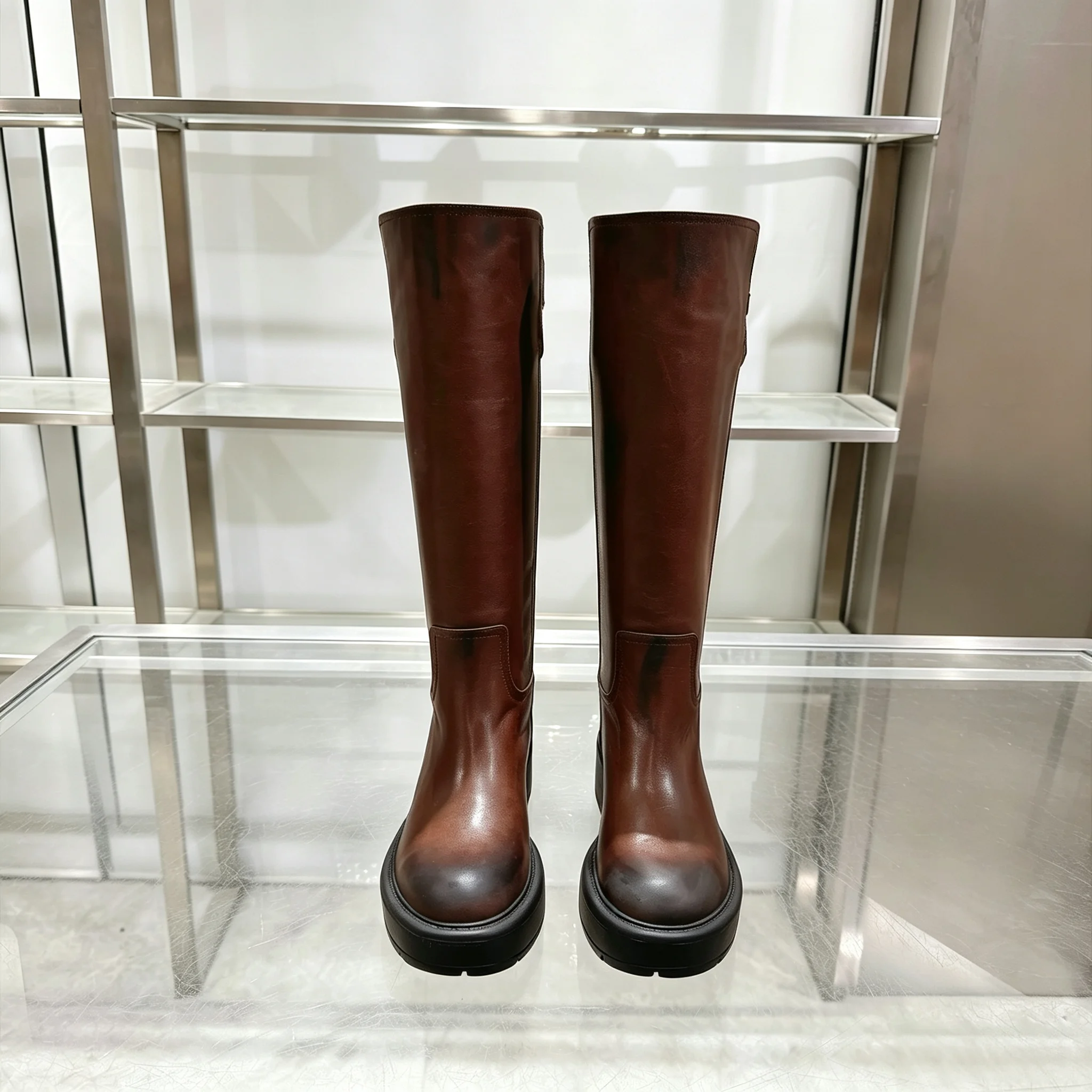 2026 Women Vintage Washed Buckle Chunky Sole Tall Riding Boots ZX021