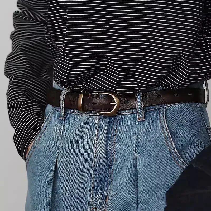 レトロ調節可能なトップレイヤーレザーベルト女性本革スキニーベルト複数の穴ピンバックルカジュアルウエストベルトジーンズ用