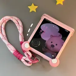 Cute Pink Ears Portable Lanyard Phone Case For Motorola MOTO RAZR 40 Ultra 50 Ultra 60 Pro Razr Plus 2025 2024 2023 Hinge Cover