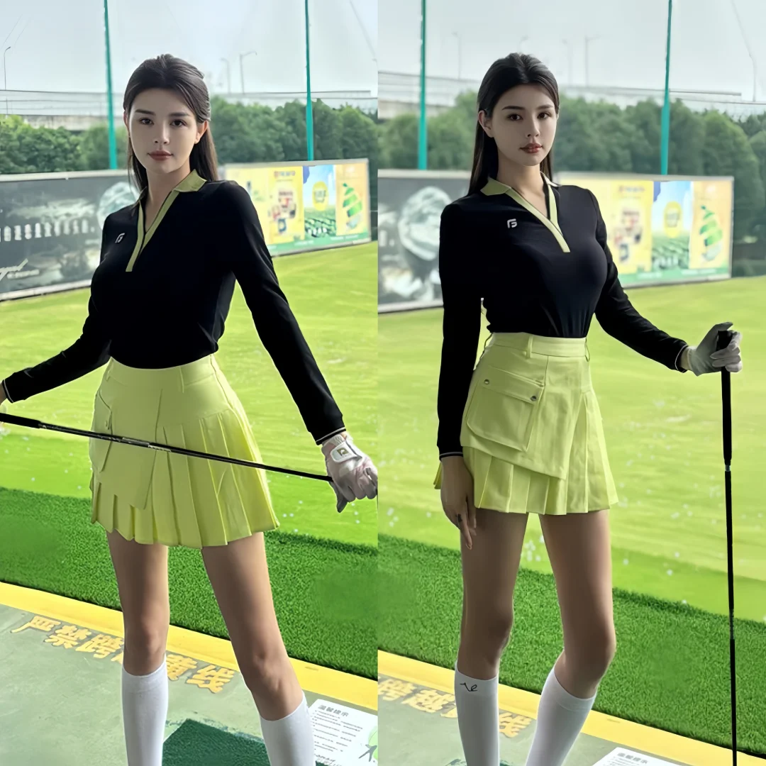 Golf clothing women's autumn and winter polo shirt long sleeved T-shirt slim fit and slimming V-neck top pleated short skirt set