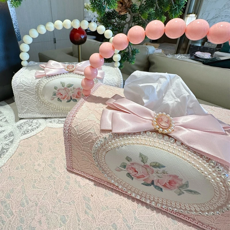 

French Tissue Box Pink Retro Lace Storage Box Living Room Coffee Table Desktop Ornaments Home Decor Creative Lace Tissue Case