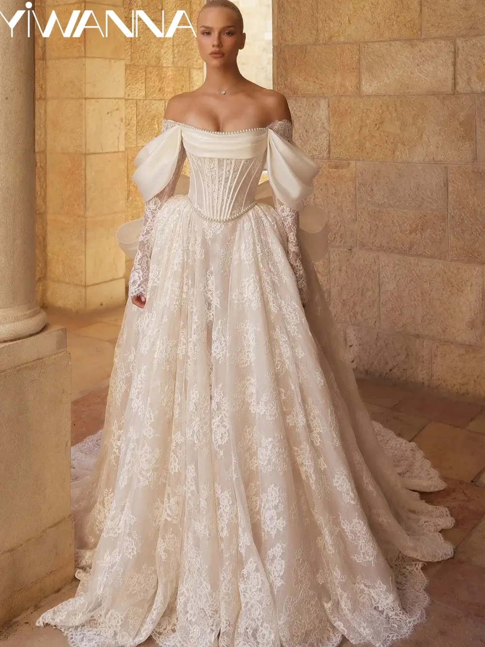 

Lace Pearls Off Shoulder Wedding Dress With Bow A-line Floor-length Bridal Gown 2026 New Customized Elegant Dresses For Bride